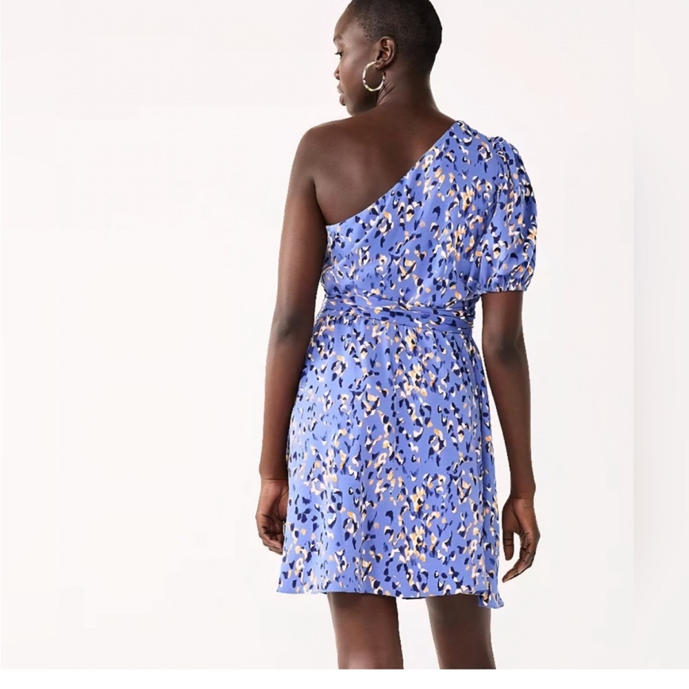 Nine West Stylish Blue and Coral Patterned One Shoulder Ballon Sleeve Mini Dress - Picture 2 of 9